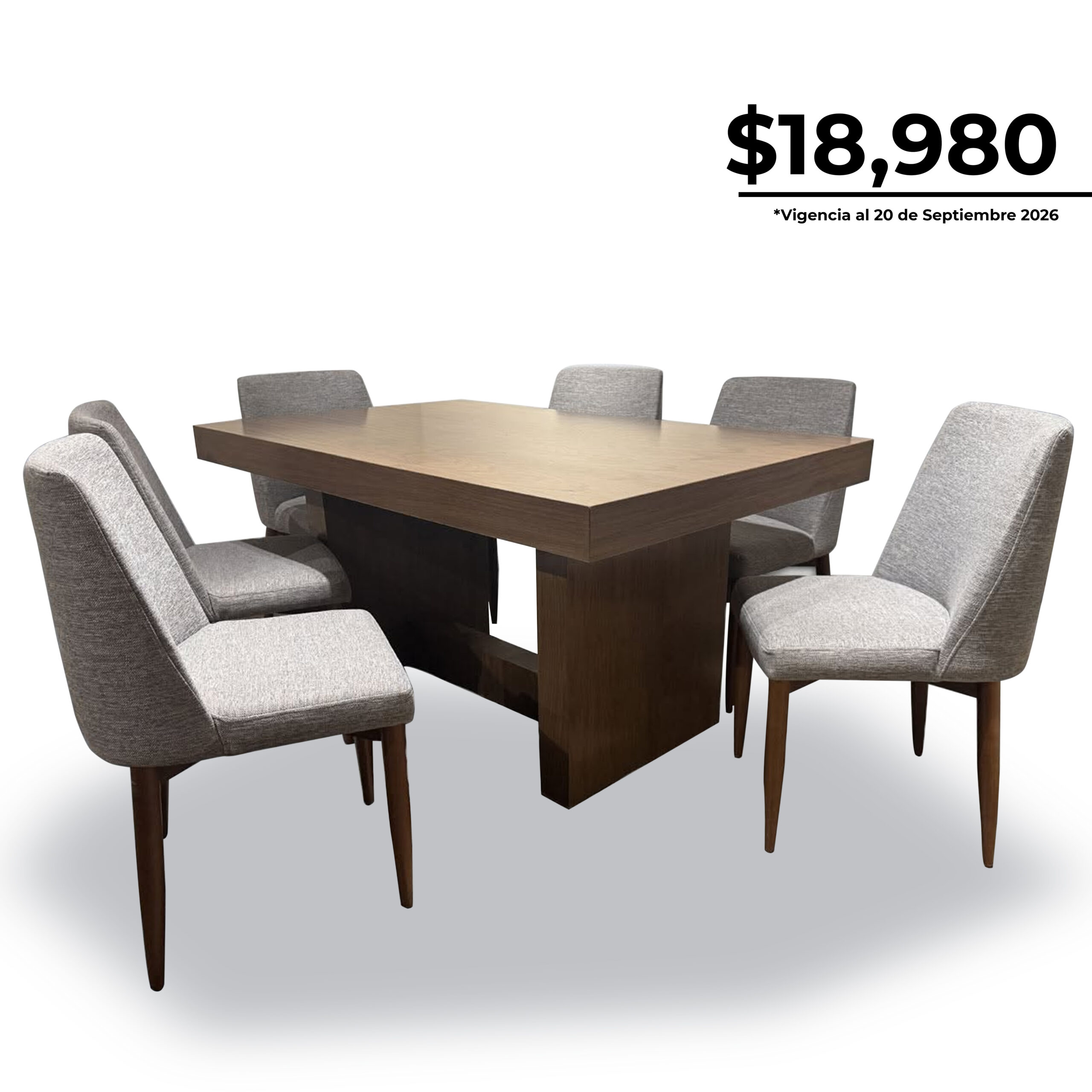 Comedor León de madera sólida de 1.00 x 1.60 m con 6 sillas Denver tapizadas