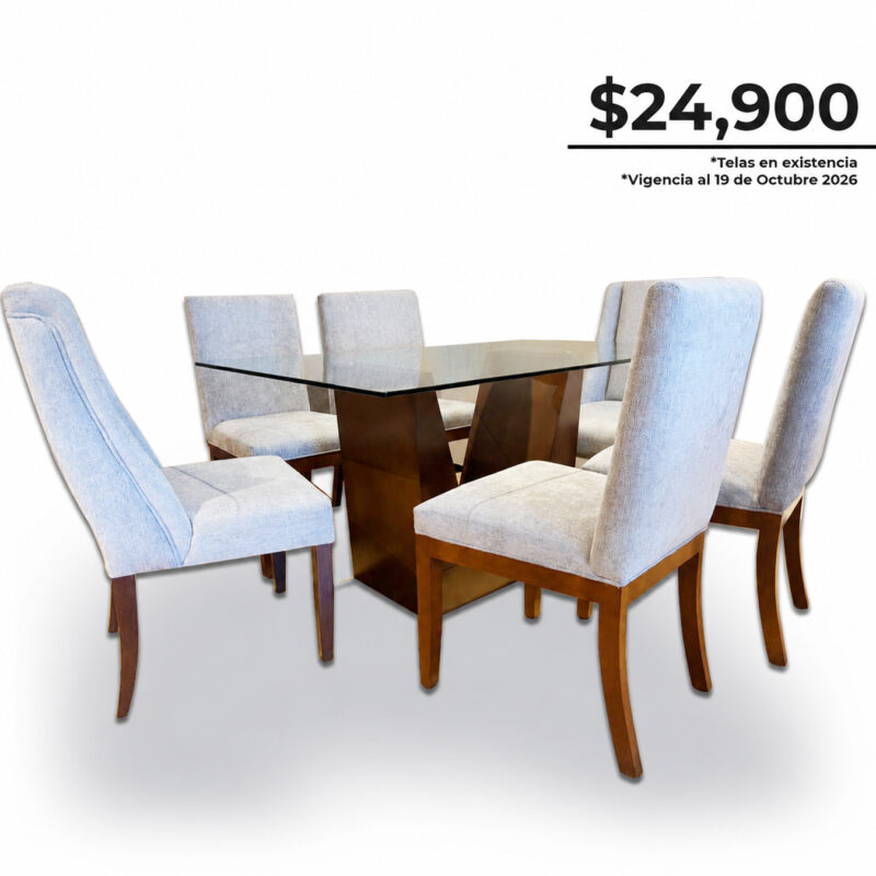 Comedor Rombo moderno con mesa de cristal templado, base de madera, 4 sillas Kadian y 2 sillas Lugo
