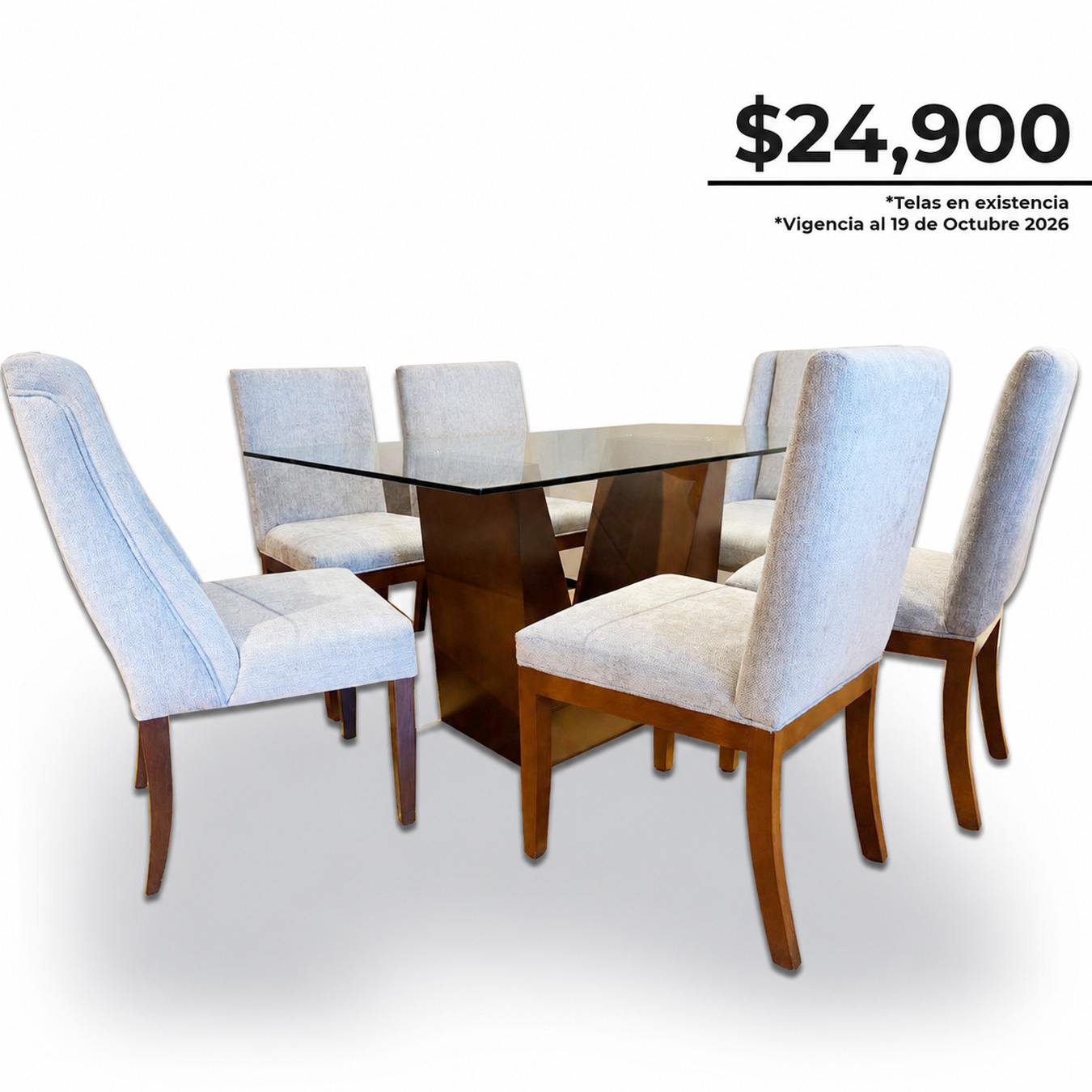 Comedor Rombo moderno con mesa de cristal templado, base de madera, 4 sillas Kadian y 2 sillas Lugo