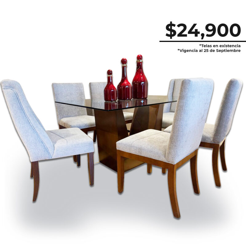 Comedor Rombo para 6 personas con cubierta de cristal, 4 sillas Kadian y 2 sillas Lugo Petit