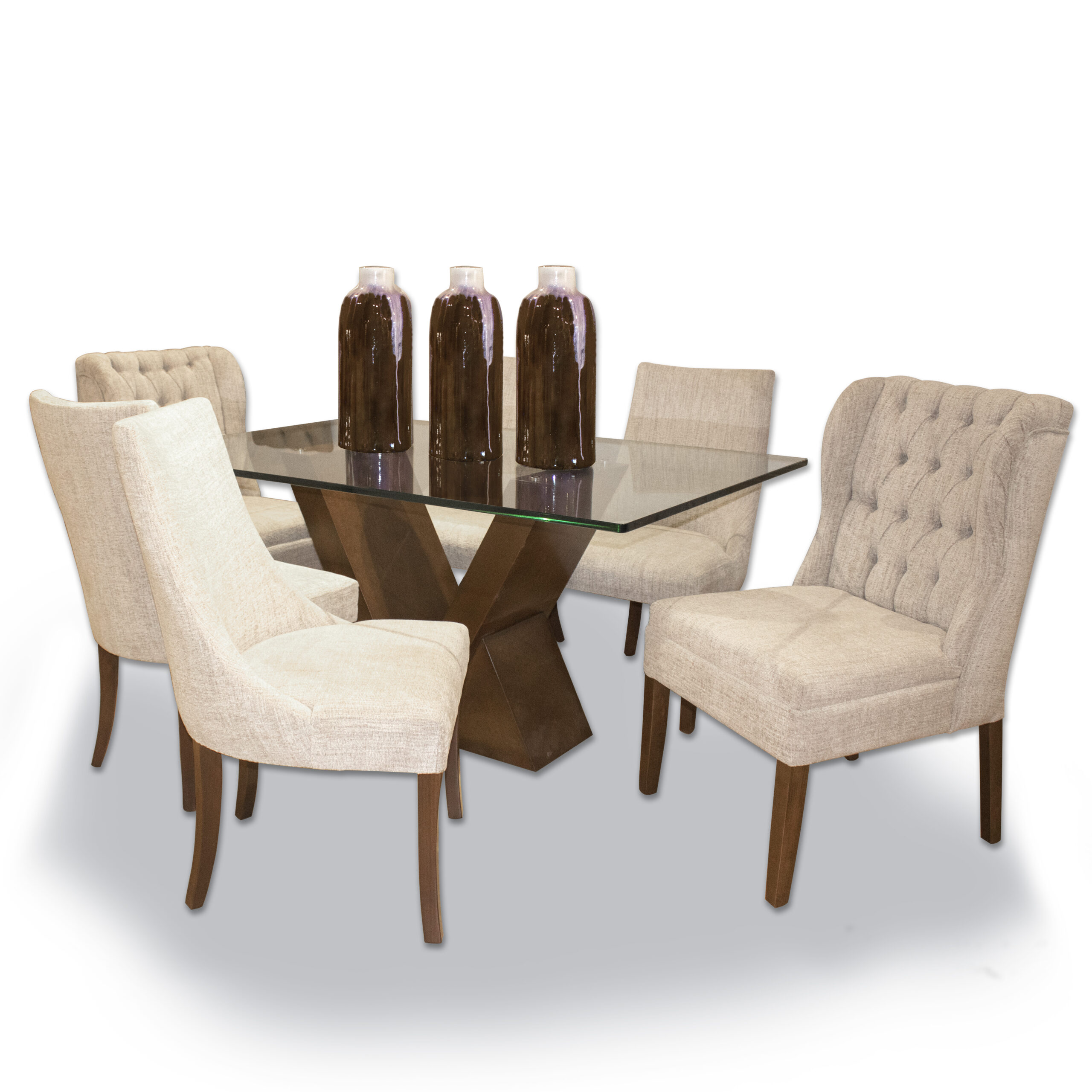 Comedor Victoria de 6 sillas con cubierta de cristal rectangular y base de madera sólida