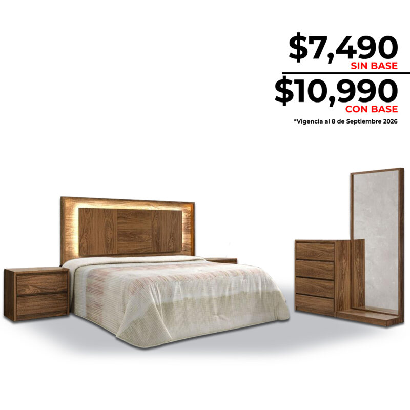 Recámara Denver King Size moderna con cabecera, 2 burós, cajonera y espejo