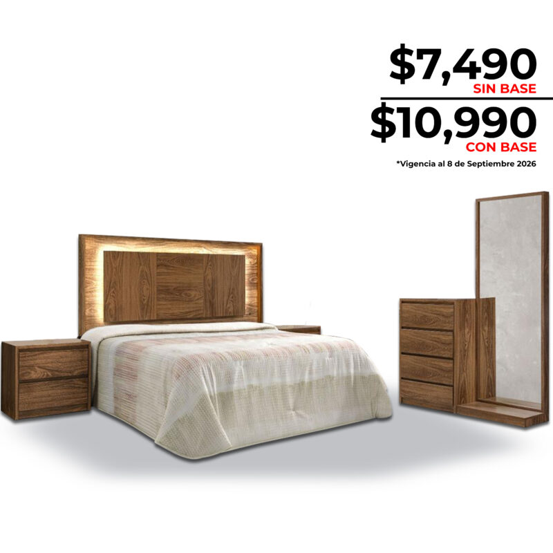 Recámara Denver King Size moderna con cabecera, 2 burós, cajonera y espejo